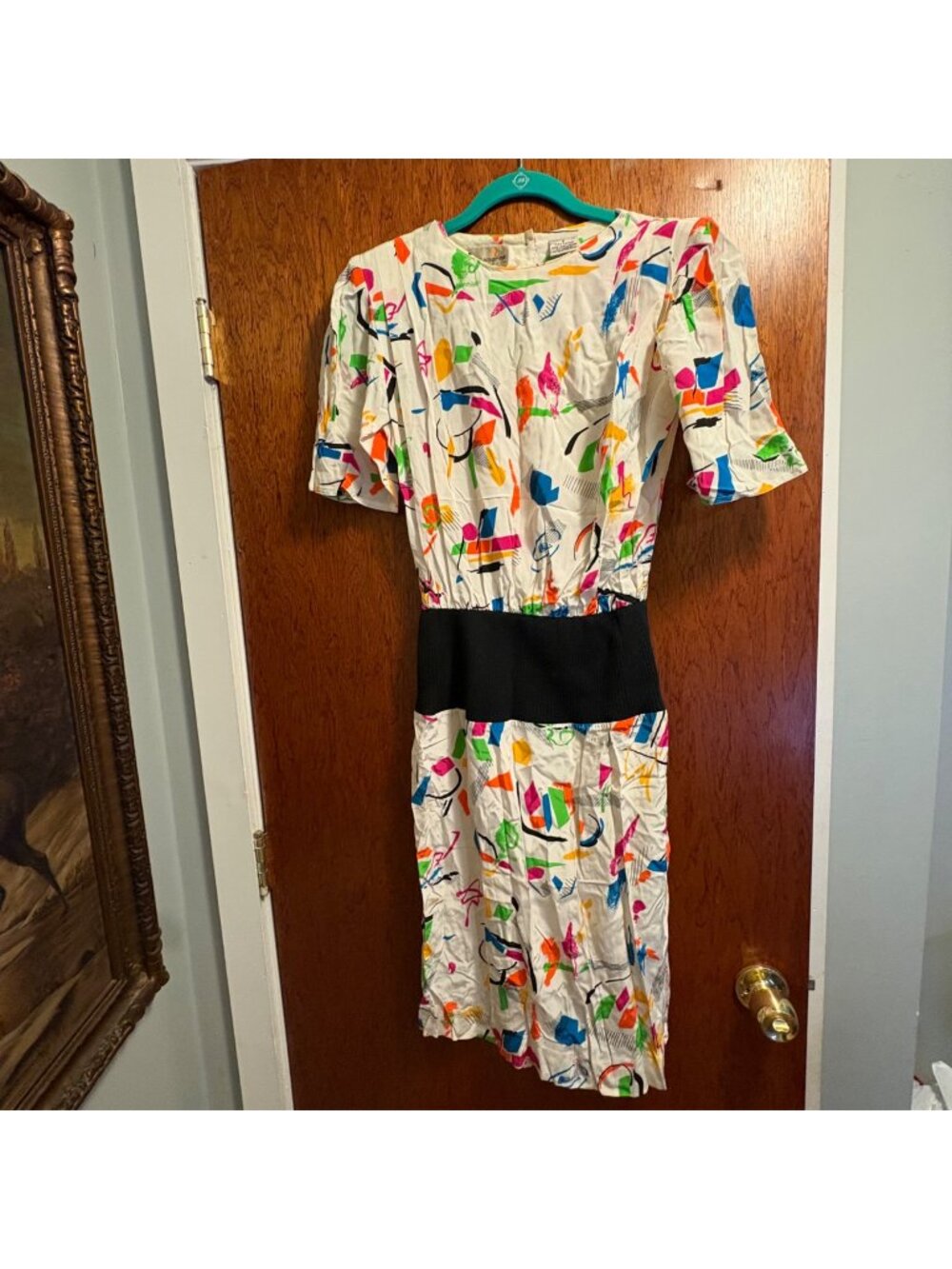 Vintage Abstract Print Midi Dress Womens M Shoulder Pads Colorful Retro Artsy